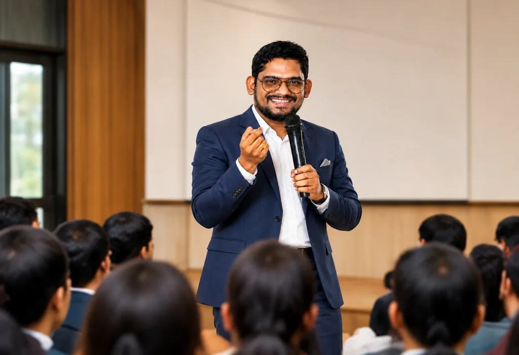 Confident Seminar Speaker Engaging Audience