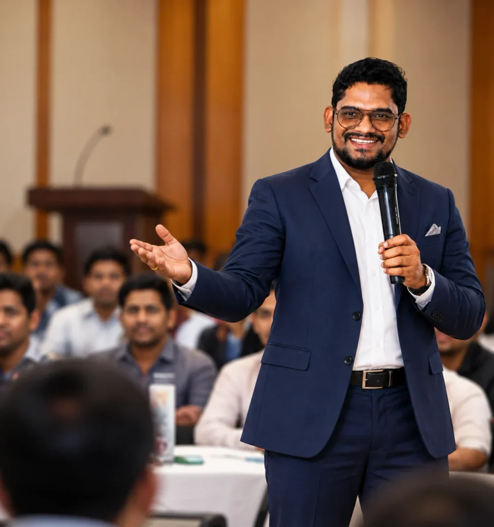 Confident Speaker at a Warm Seminar
