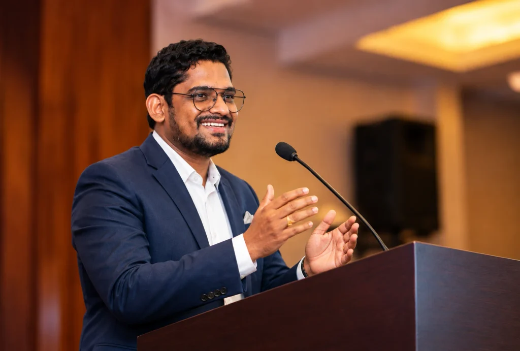 Confident Speaker at the Podium Dr Samba Siva Rao
