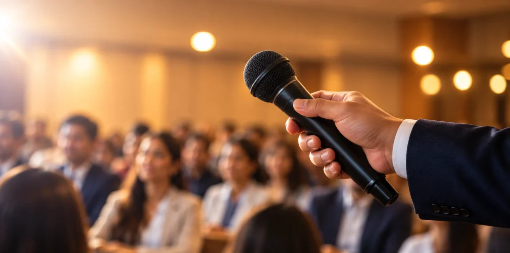 Microphone Over a Warm Conference Audience